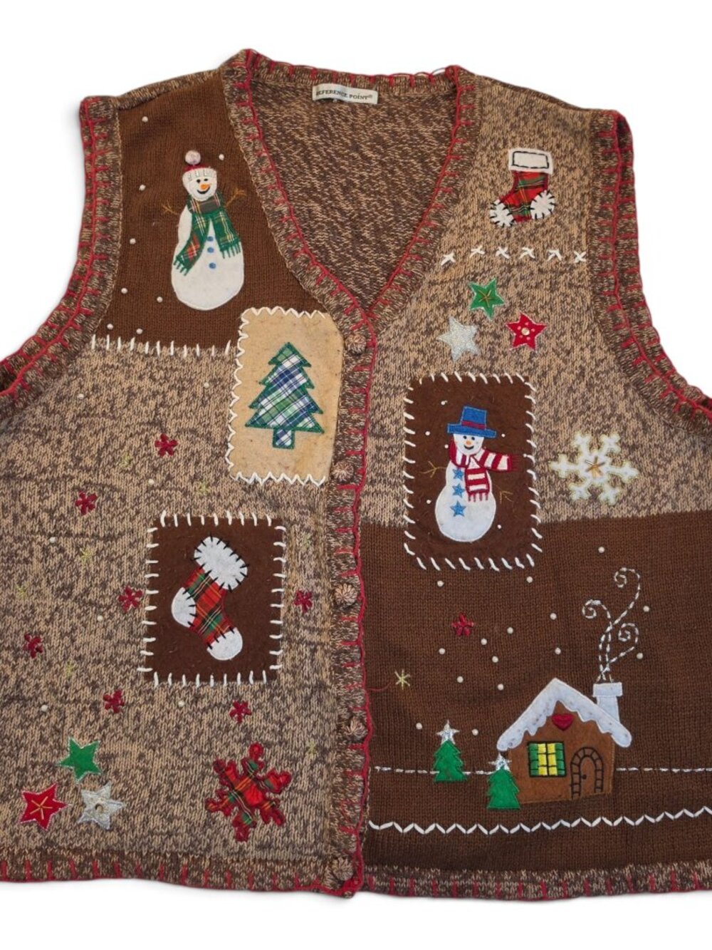 Reference Point Vintage Ugly Christmas Sweater Vest Snowman Gingerbread House